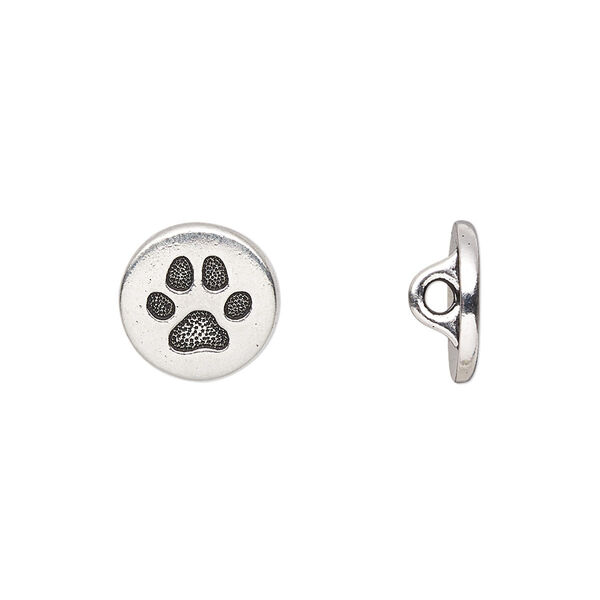 Button, TierraCast®, "Spot and Whiskers" collection, antique silver-plated pewter (tin-based alloy), 12mm flat round with dog paw and loop. Sold per pkg of 2. image number 0