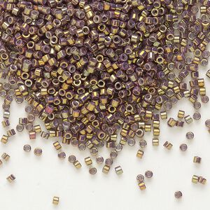 Seed bead, Delica®, glass, pkg/7.5g, #11 round, opaque metallic gold iris Earth batik (DB-1010).