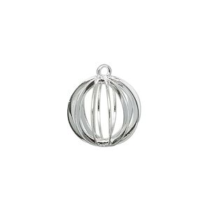 Drop, silver-plated steel and brass, 15mm round bead cage. Sold per pkg of 4.