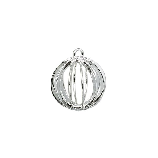 Drop, silver-plated steel and brass, 15mm round bead cage. Sold per pkg of 4. image number 0