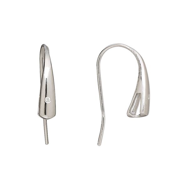 Ear wire fishhook 1pkg2 sterling silver / cubic zirconia, 18mm / closed bottom hidden loop, 20 gauge clear 1 pair image number 0