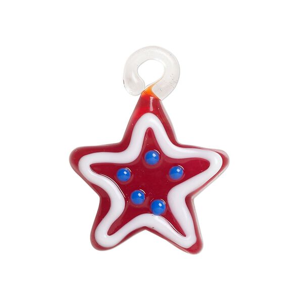 Drop, lampworked glass, red / white / blue, 22mm single-sided star. Sold individually. image number 0
