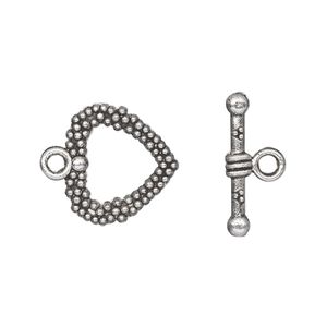 Clasp toggle 1pkg20 silver-plated "pewter" (zinc alloy), 16mm double-sided beaded heart, antique 1-strand