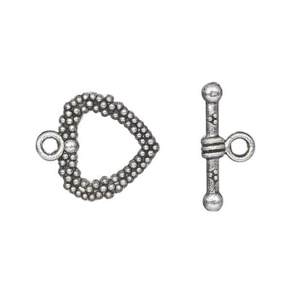 Clasp, toggle, antique silver-plated "pewter" (zinc-based alloy), 16x16mm double-sided beaded heart. Sold per pkg of 20. image number 0