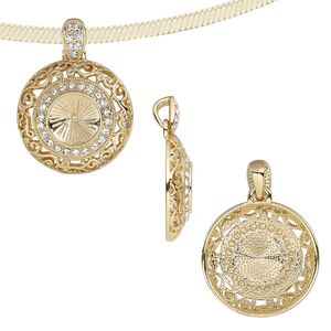 Pendant, Almost Instant Jewelry®, crystals and gold-finished "pewter" (zinc-based alloy), crystal clear, 32mm round with swirl cutout design and 14mm rivoli setting. Sold individually.