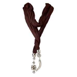 Scarf necklace, cotton / polyester / silver-coated plastic, brown, 63x13mm chili pepper, 76-inch continuous loop. Sold individually.