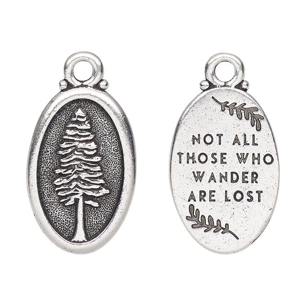Charm, TierraCast®, antique silver-plated pewter (tin-based alloy), 26x16mm 2-sided oval with redwood and "Not all those who wander are lost." Sold per pkg of 20. image number 0