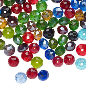 Bead mix, glass, pkg/1 ounce, opaque to transparent mixed colors, 6x4mm-6x5mm faceted rondelle.