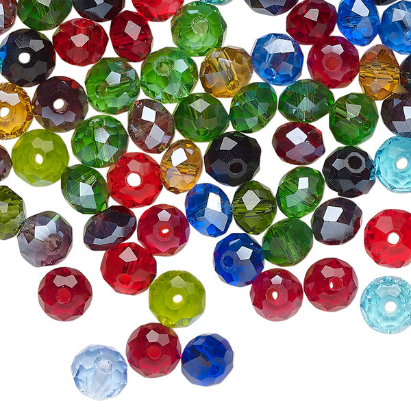 Bead mix, glass, pkg/1 ounce, opaque to transparent mixed colors, 6x4mm-6x5mm faceted rondelle. image number 0