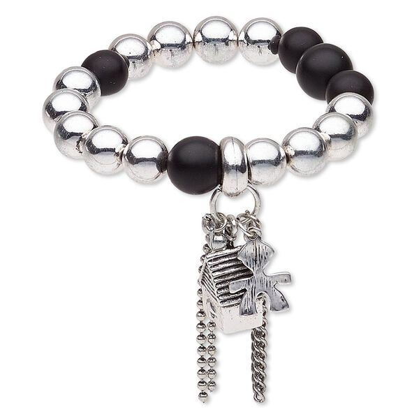 Bracelet, stretch, acrylic / silver-coated plastic / antiqued silver-finished "pewter" (zinc-based alloy) / brass / steel, black, round and house, 7 inches. Sold individually. image number 0