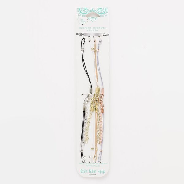 Bracelet component mix, nylon / silver- / gold- / rose gold-finished "pewter" (zinc-based alloy) / steel. multicolored, 6-1/4 inches with 1-1/2 extender chain and lobster claw clasp. Sold per pkg of 4. image number 0