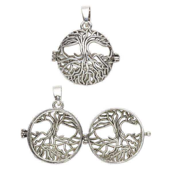 Drop, antique silver-finished brass, 26mm round bead cage with cutout tree of life design and safety latch, fits up to 18mm bead. Sold individually. image number 0