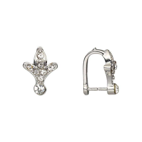 Bail, ice-pick, Egyptian glass rhinestone and imitation rhodium-plated brass, clear, 14x10mm flower, 8mm grip length. Sold per pkg of 6. image number 0
