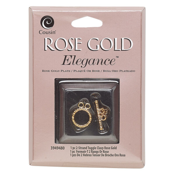 Clasp, toggle, rose gold-plated copper and lacquer, 11.5mm 2-strand round with rope design. Sold individually. image number 0
