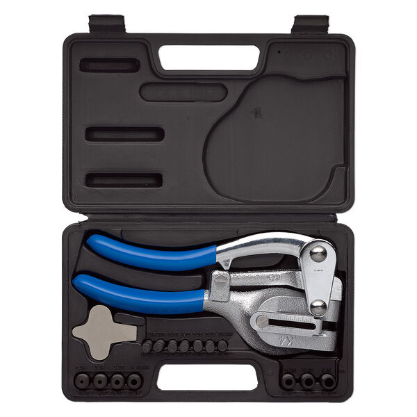 Pliers, hole punch 1pkg1 steel and plastic, 8.5 x 4-inch with 7 changeable die, 7 changeable punches and 9 x 5.75 inch storage case, set blue / black image number 0
