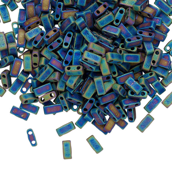 Seed bead, TILA®, glass, pkg/40g, 5x2.3mm half tila rectangle, opaque matte rainbow black, (HTL-401FR). image number 0