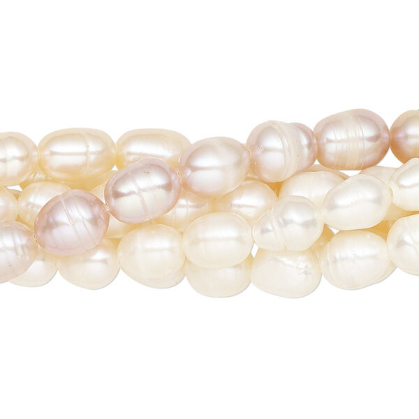 Pearl mix, cultured freshwater (natural / bleached), white / peach / mauve, 5-7mm rice, C- grade, Mohs hardness 2-1/2 to 4. Sold per pkg of (6) 15-inch strands. image number 0