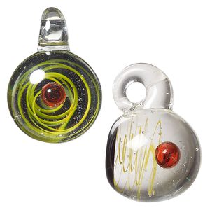 Drop, lampworked glass, clear / black / red, 21mm round with yellow swirl / suspended sphere / glitter. Sold individually.