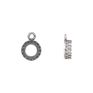 Drop, JBB Findings, antique silver-plated brass, 9mm round with decorative trim, 8mm round bezel setting. Sold per pkg of 2.