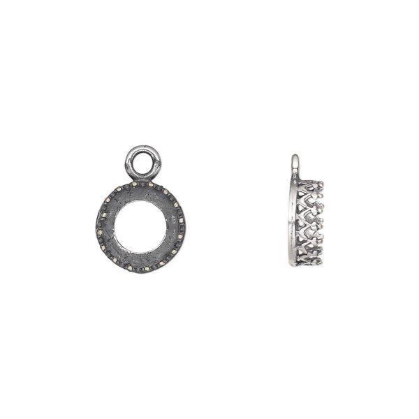 Drop, JBB Findings, antique silver-plated brass, 9mm round with decorative trim, 8mm round bezel setting. Sold per pkg of 2. image number 0