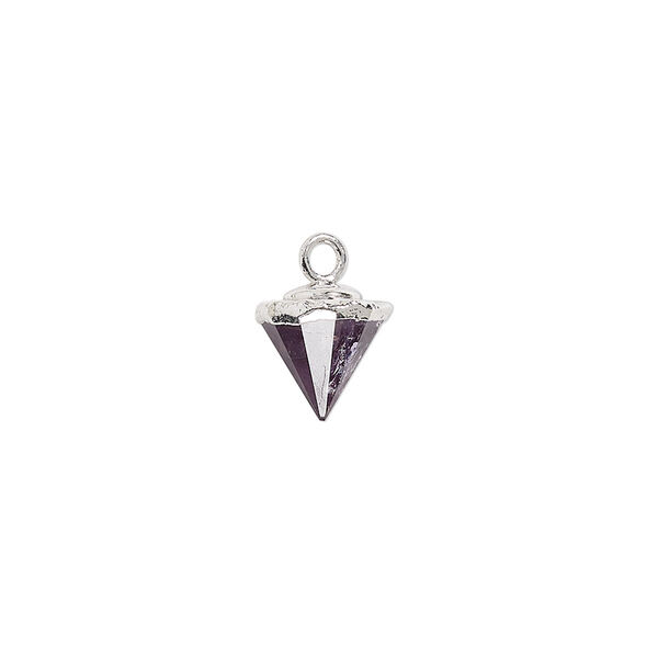 Drop, amethyst (natural) / electroplated silver / silver-plated sterling silver, dark, 9x8mm-11x8mm hand-cut faceted cone. Sold individually. image number 0