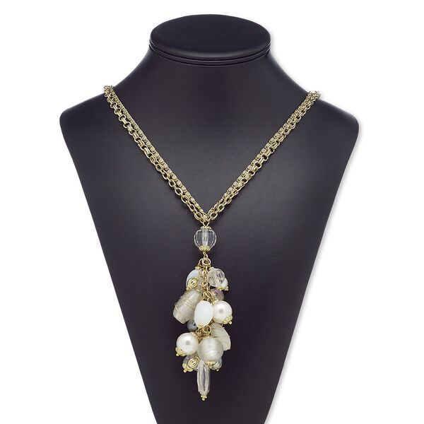 Necklace, 2-strand, glass / acrylic / acrylic pearl / gold-coated acrylic / gold-finished steel, clear and white, 5-inch dangle, 28-inch continuous loop. Sold individually. image number 0