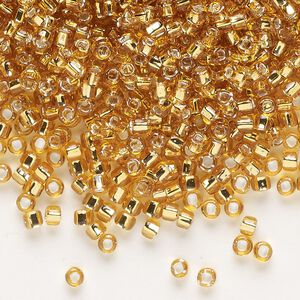 Seed bead, Dyna-Mites™, glass, silver-lined translucent gold, #8 round with square hole. Sold per 1/2 kilogram pkg.