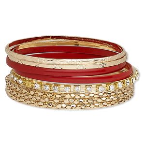 Bracelet, bangle, enamel / glass rhinestone / gold-finished steel, red and clear, 3-10mm wide, 8 inches. Sold per 6-piece set.