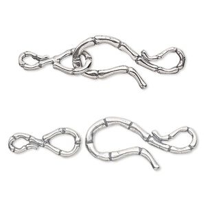 Clasp hook&eye 1pkg1 sterling silver, 38x10mm, antiqued 1-strand