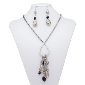 Necklace and earring set, acrylic / antique silver-coated acrylic / antique silver-plated steel / "pewter" (zinc-based alloy), black, teardrop with 5-inch dangle, 29-inch continuous loop necklace, 2-3/4 inch earrings with fishhook ear wire. Sold per set.