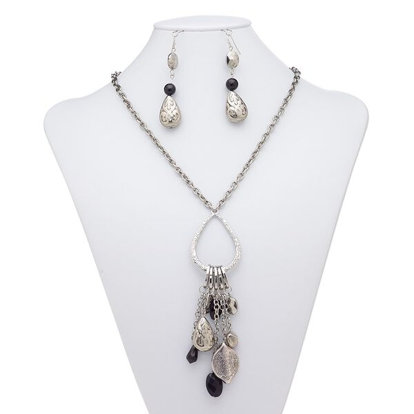 Necklace and earring set, acrylic / antique silver-coated acrylic / antique silver-plated steel / "pewter" (zinc-based alloy), black, teardrop with 5-inch dangle, 29-inch continuous loop necklace, 2-3/4 inch earrings with fishhook ear wire. Sold per set. image number 0
