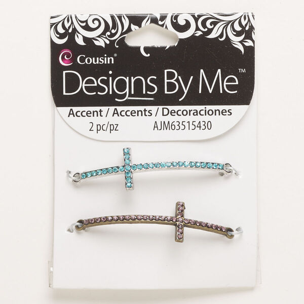 Focal assortment, "pewter" (zinc-based alloy) and glass, pkg/2, antique silver finish antique / brass finish / multicolored, 50x15mm curved cross. image number 0