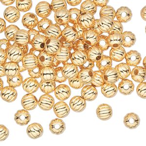 Bead, gold-plated brass, 5mm corrugated round. Sold per pkg of 1,000.