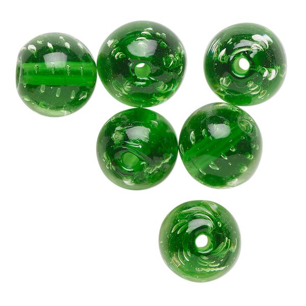 Bead, lampworked glass, translucent green, 12mm round. Sold per pkg of 6. image number 0