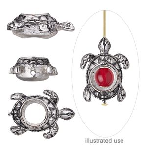 Bead frame, antique silver-plated bronze, 20x14mm turtle, fits up to 4-6mm bead. Sold individually.