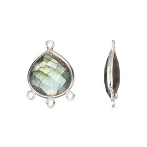 Drop, sterling silver and labradorite (natural), 15x14mm hand-cut double-sided faceted teardrop with 3 closed loops, Mohs hardness 6 to 6-1/2. Sold individually.