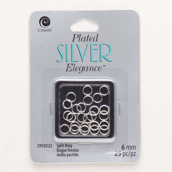 Split ring, brass, pkg/25, silver finish, 6mm round. image number 0