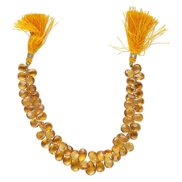 Bead, golden citrine (heated), 8x6mm-13x9mm graduated hand-cut top-drilled faceted puffed teardrop, B+ grade, Mohs hardness 7. Sold per 8-inch strand, approximately 60 beads. image number 0