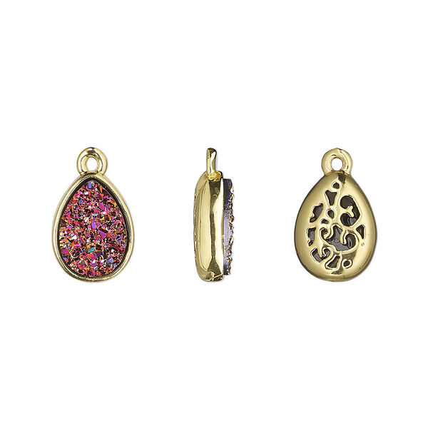 Drop, Druzylite™, "druzy" (resin) and gold-finished brass, metallic purple, 11.5x8.5mm two-sided teardrop with open filigree back. Sold per pkg of 4. image number 0