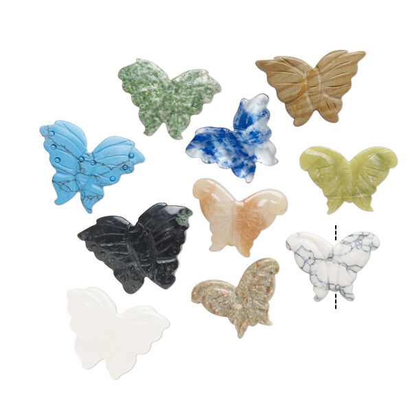 Multi-gemstone / glass 1pkg10, carved butterfly bead mix 32x23mm-40x33mm image number 1
