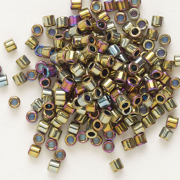 Seed bead, Delica®, glass, pkg/7.5g, #8 round, opaque nickel-plated golden olive iris (DBL-0029). image number 0