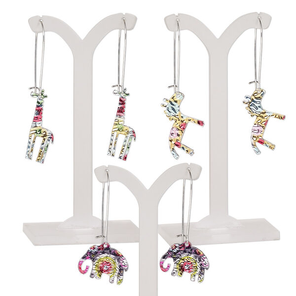Earring mix, mylar / imitation rhodium-plated steel / "pewter" (zinc-based alloy), multicolored, 2 to 2-1/2 inches with elephant / giraffe / horse and kidney ear wire. Sold per pkg of 3 pairs. image number 0