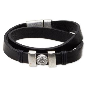 Bracelet, wrap, leather (dyed) / crystals / antique silver-plated "pewter" (zinc-based alloy), black and crystal clear, 14mm wide, 6-1/2 inches with magnetic clasp. Sold individually.