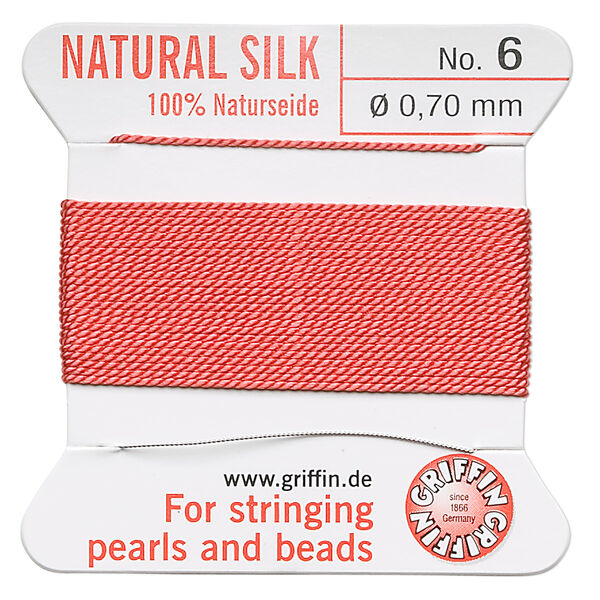 Thread, Griffin, silk, coral, size #6. Sold per 2-meter card (approximately 78 inches). image number 0