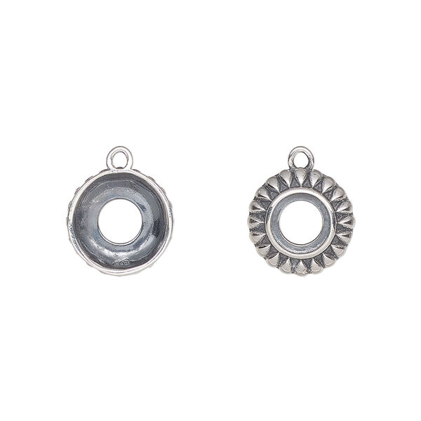 Drop, antiqued sterling silver, 11mm round with 6mm round setting and open back. Sold individually. image number 0