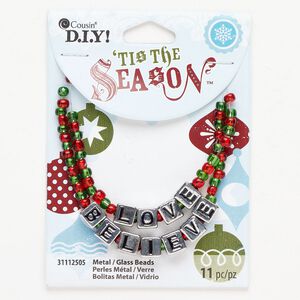 Bead assortment 1pkg11 antique silver-finished "pewter" (zinc-based alloy) / enamel / glass, black / red / green, 7mm cubes with "LOVE" and "BELIEVE" / 6/0 silver-lined seed beads.