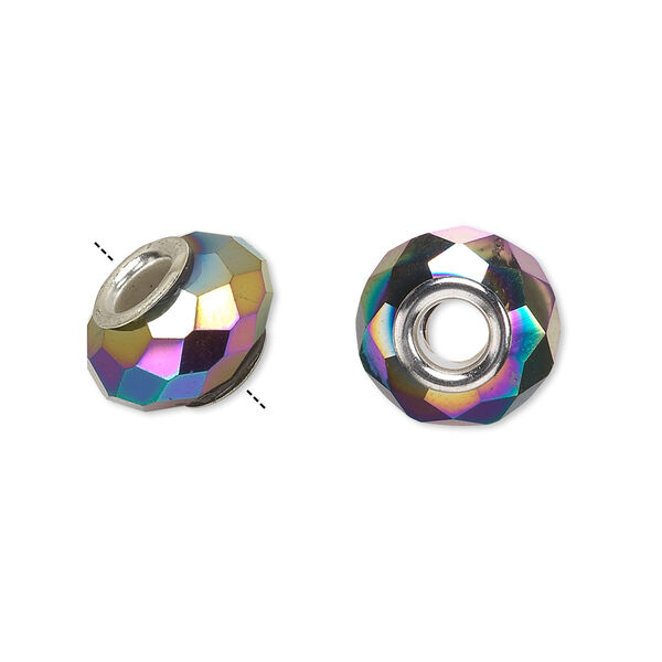 Bead, Dione®, glass and silver-plated brass grommets, 32-facet, rainbow opaque metallic, 14x9mm faceted rondelle. Sold per pkg of 6. image number 0
