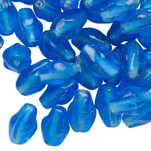 Bead, lampworked glass, transparent blue, 13x9mm twisted double cone. Sold per 2-ounce pkg, approximately 65 beads.