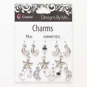 Drop assortment CCB plastic, 15pk 6.5mm-13x7mm mixed shapes, silver