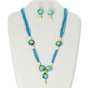 Necklace and earring set, glass / lampworked glass / silver-finished steel, multicolored, 1-1/2 inch dangle with flower, 20 inches with lobster claw clasp, 2-1/4 inch earrings with fishhook ear wire. Sold per set.